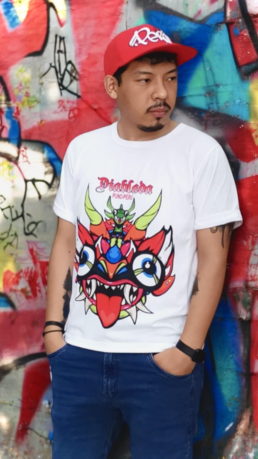 Model wearing a red Perú cap and Diablada tee against a vivid graffiti wall