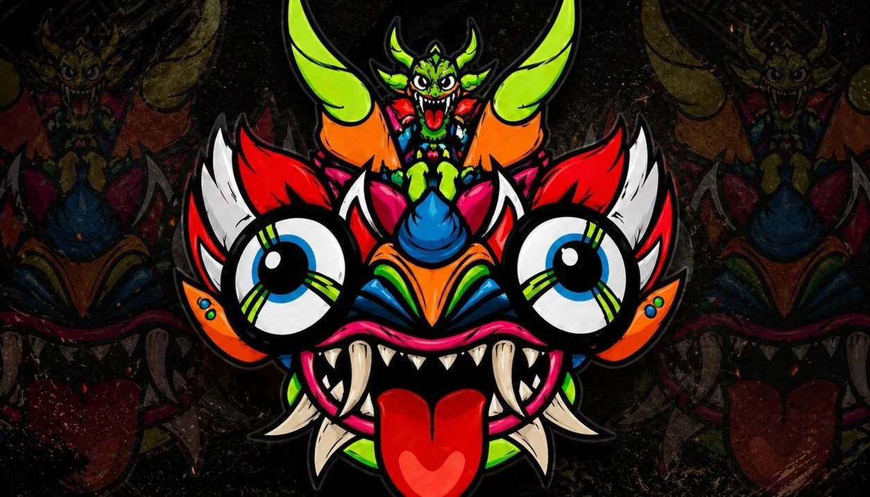 Andean Diablo — colorful Diablada mask artwork on a dark textured background