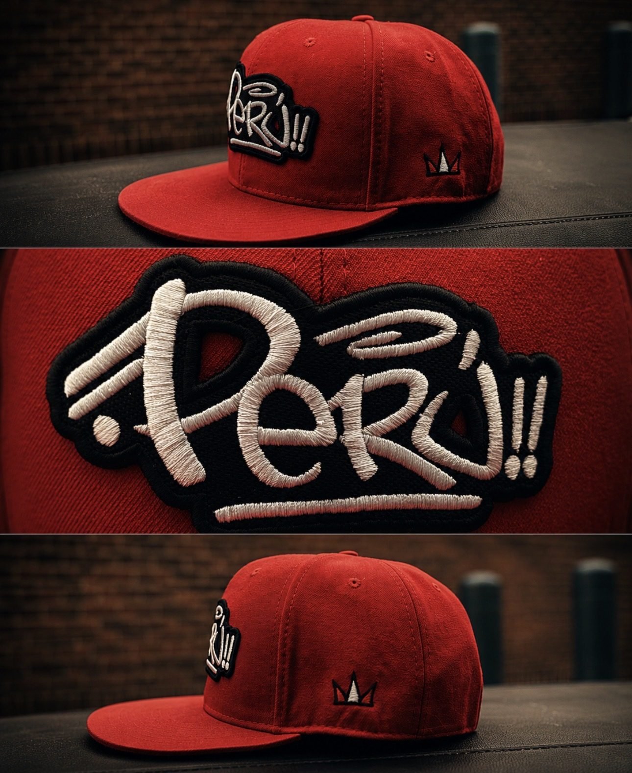 Red Perú snapback, detail collage
